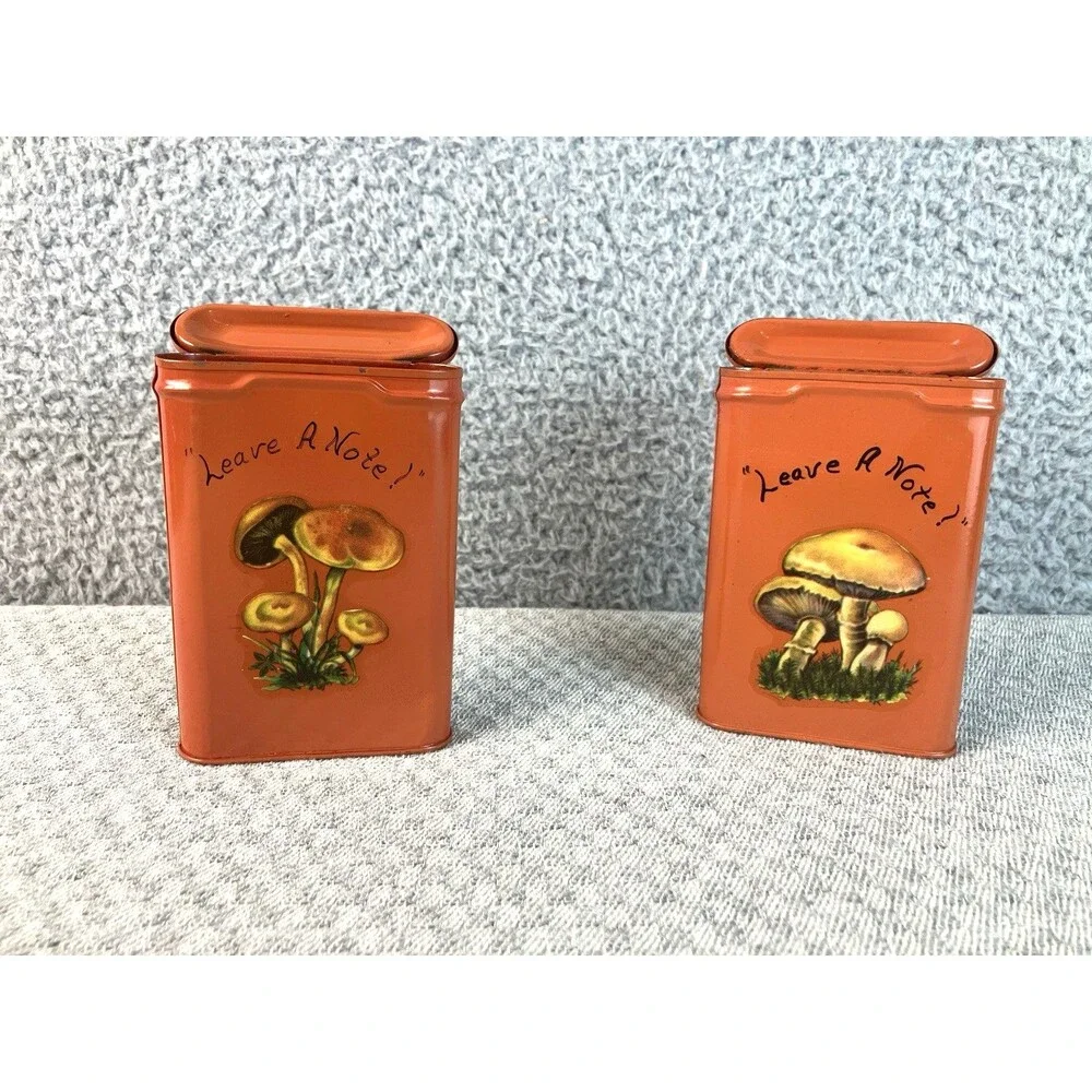 Vintage Prince Albert Painted Tobacco Tins Pair w/ Applied Mushroom Motif MCM